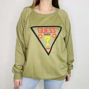 Vintage Guess Jeans Paris Army Green Spell Out Triangle Pullover Sweatshirt XL